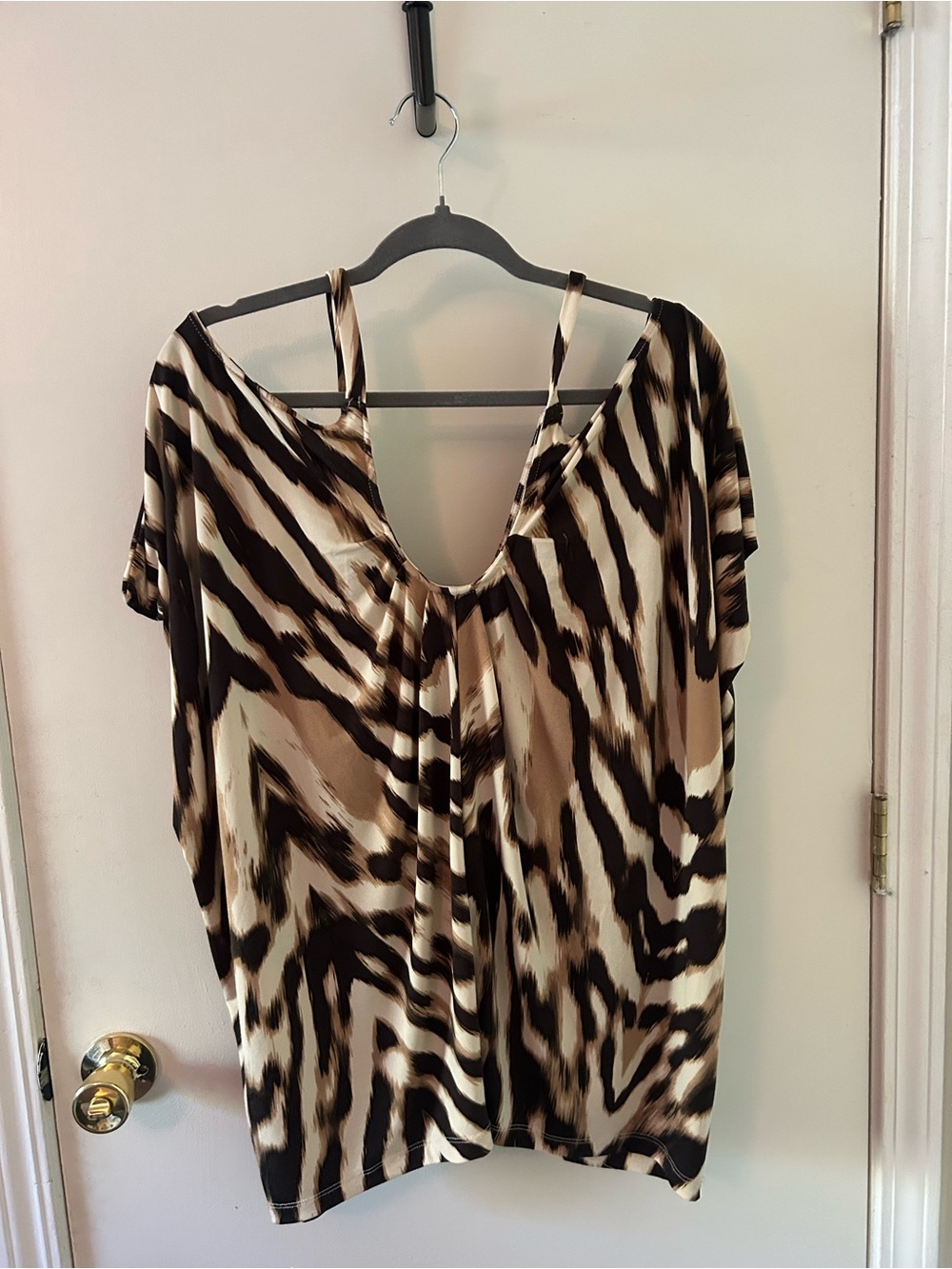 New York & Company Zebra-Stripe Cold-Shoulder Tunic - Brown/Black/Cream